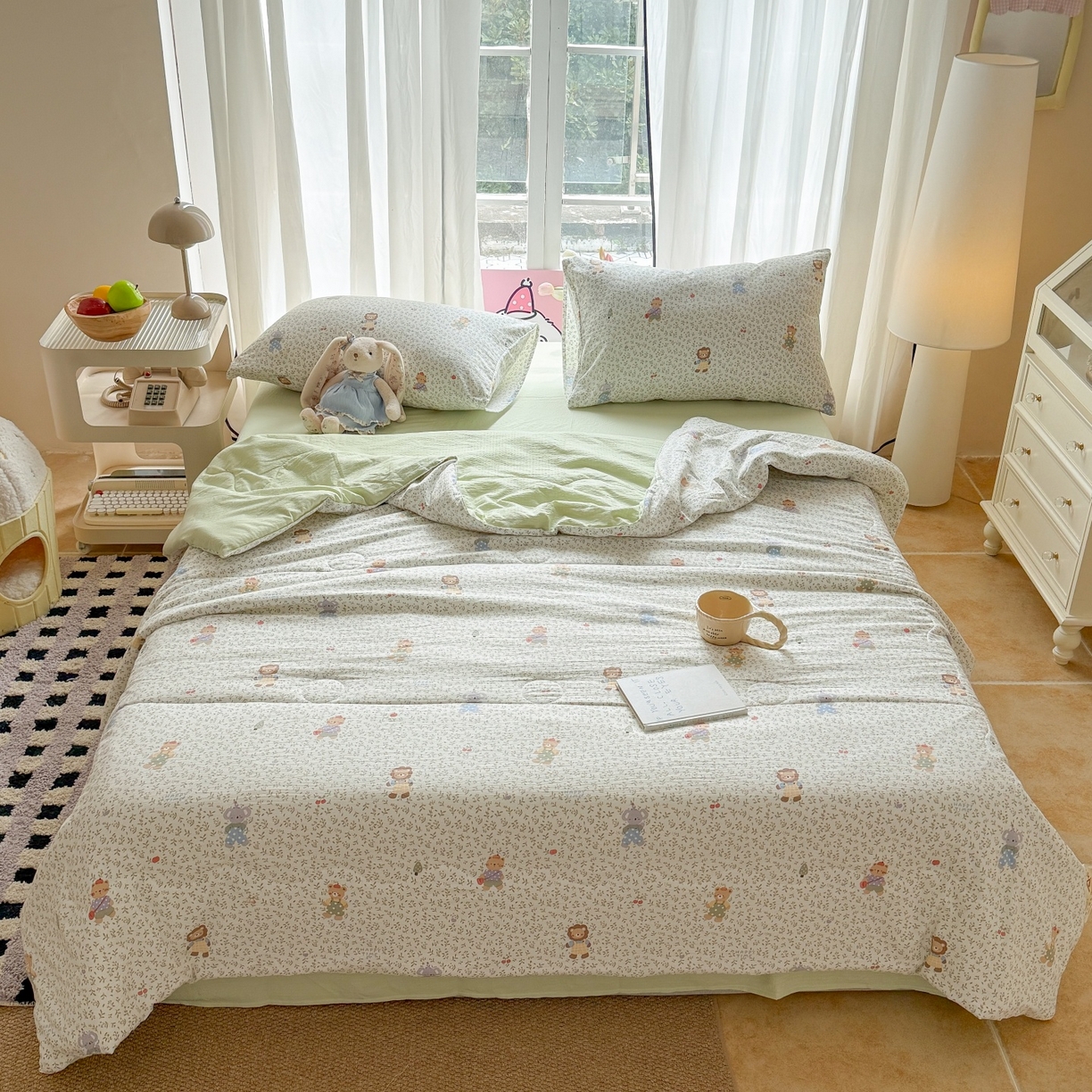 91家纺网 家纺一手货源 找家纺 温眠家纺 2026新款针织泡芙双层纱夏被四件套 森语萌宠