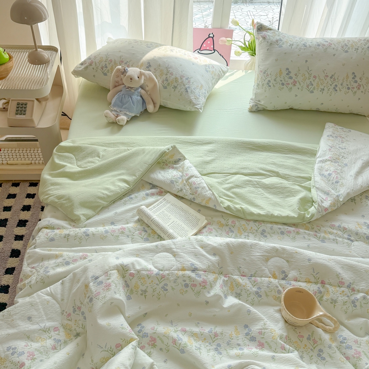 91家纺网 家纺一手货源 找家纺 温眠家纺 2026新款针织泡芙双层纱夏被四件套 小森系