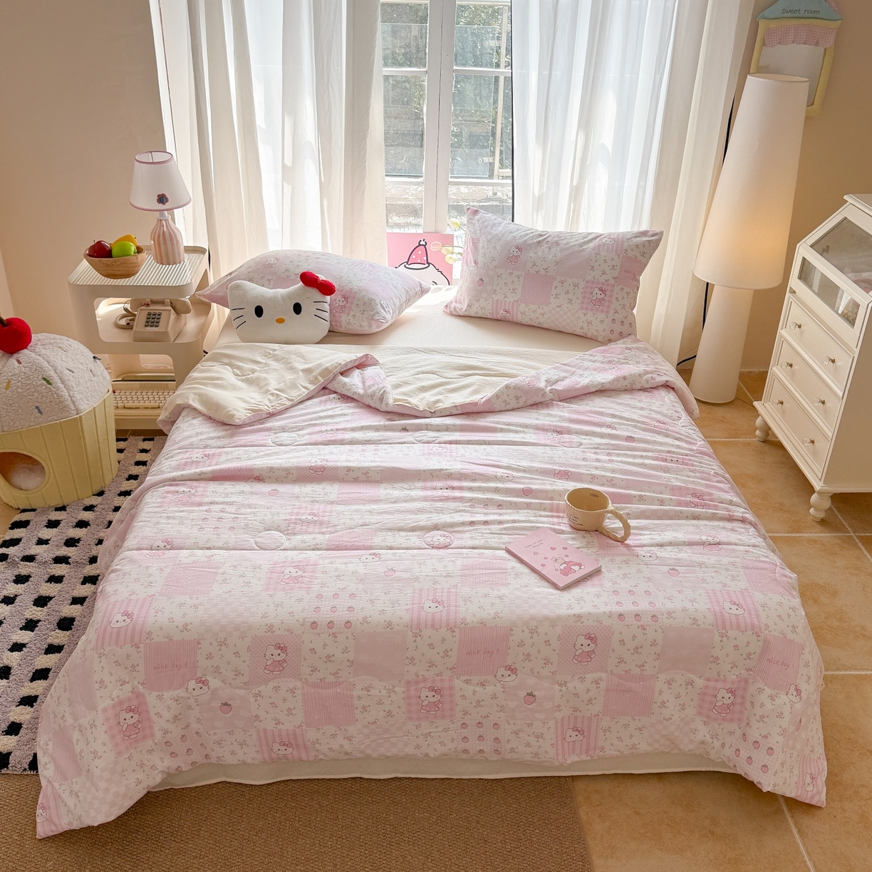 91家纺网 家纺一手货源 找家纺 温眠家纺 2026新款针织泡芙双层纱夏被四件套 花田猫咪