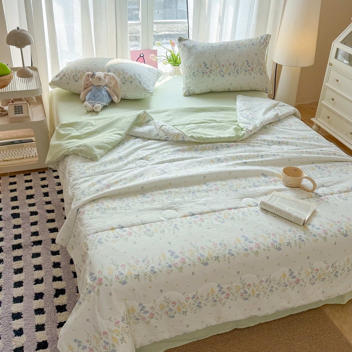 91家纺网 家纺一手货源 找家纺 温眠家纺 2026新款针织泡芙双层纱夏被四件套 小森系