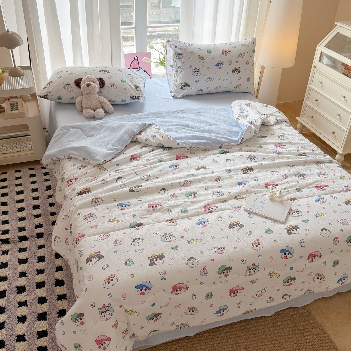 91家纺网 家纺一手货源 找家纺 温眠家纺 2026新款针织泡芙双层纱夏被四件套 童年