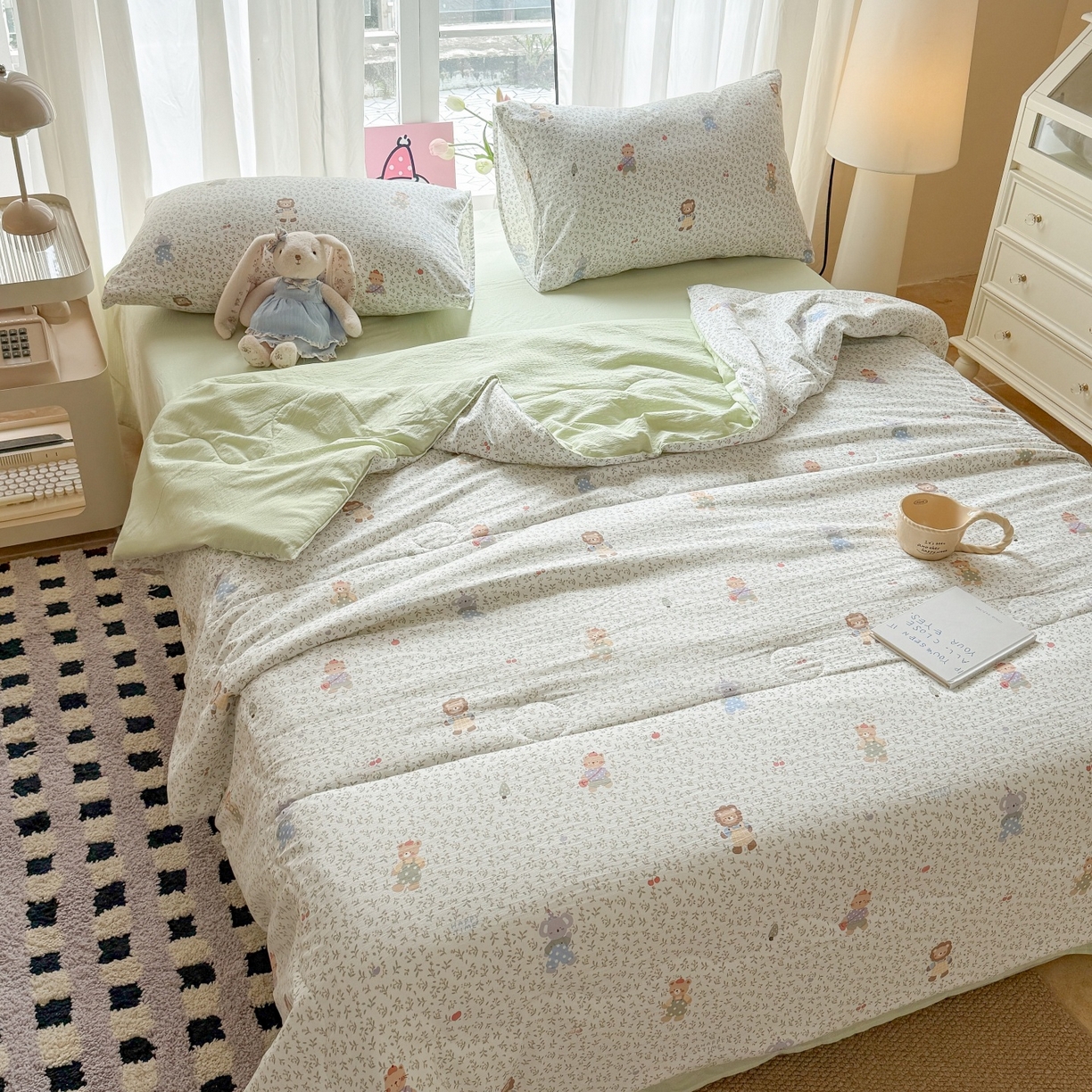 91家纺网 家纺一手货源 找家纺 温眠家纺 2026新款针织泡芙双层纱夏被四件套 森语萌宠