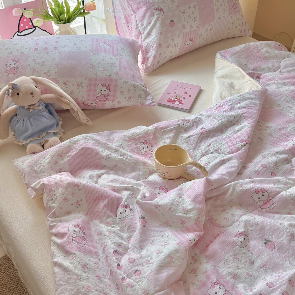 91家纺网 家纺一手货源 找家纺 温眠家纺 2026新款针织泡芙双层纱夏被四件套 花田猫咪