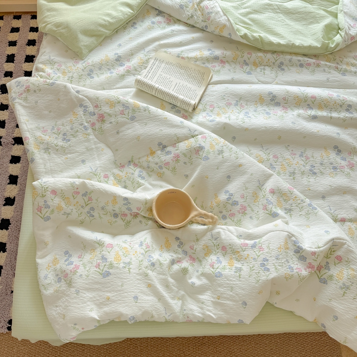 91家纺网 家纺一手货源 找家纺 温眠家纺 2026新款针织泡芙双层纱夏被四件套 小森系