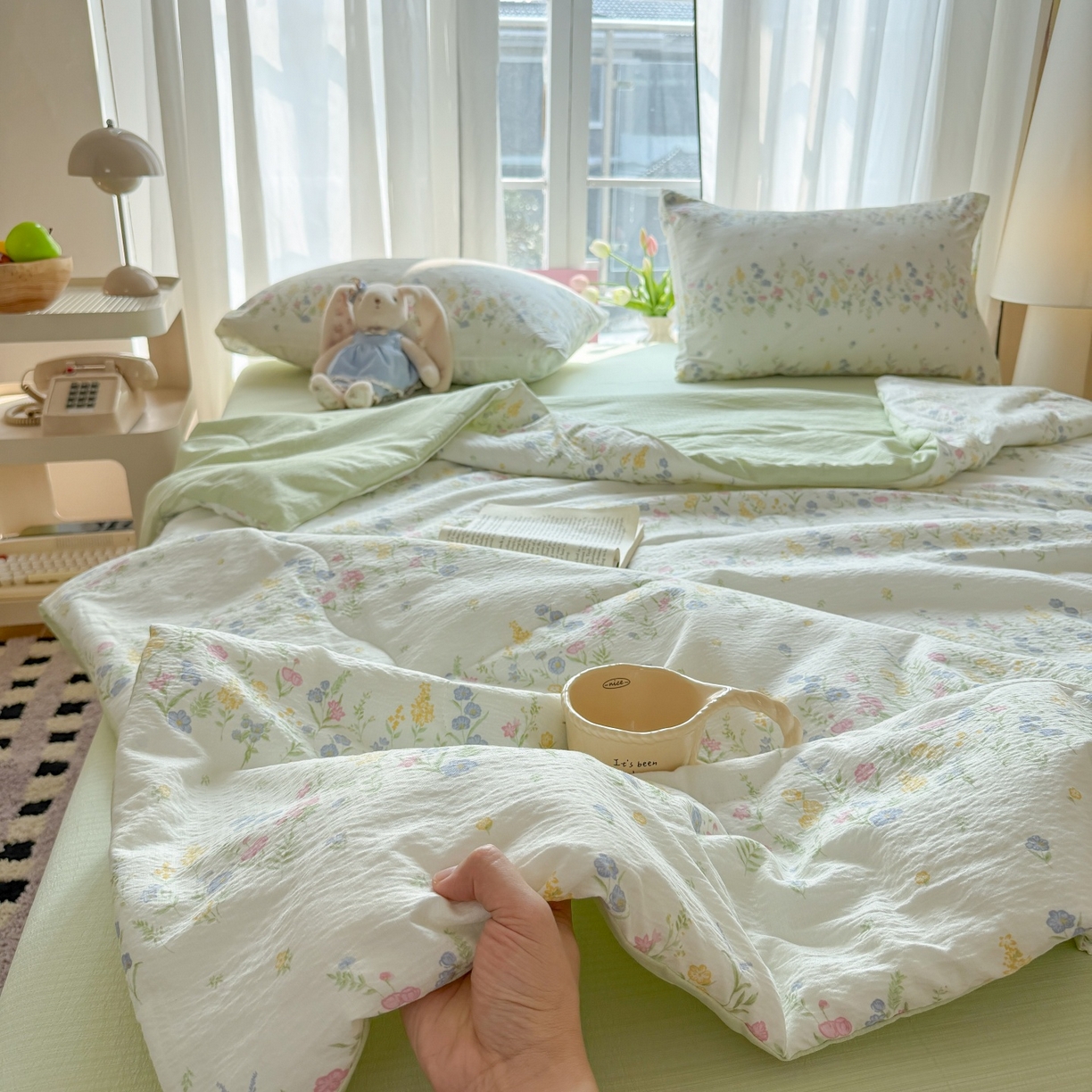 91家纺网 家纺一手货源 找家纺 温眠家纺 2026新款针织泡芙双层纱夏被四件套 小森系