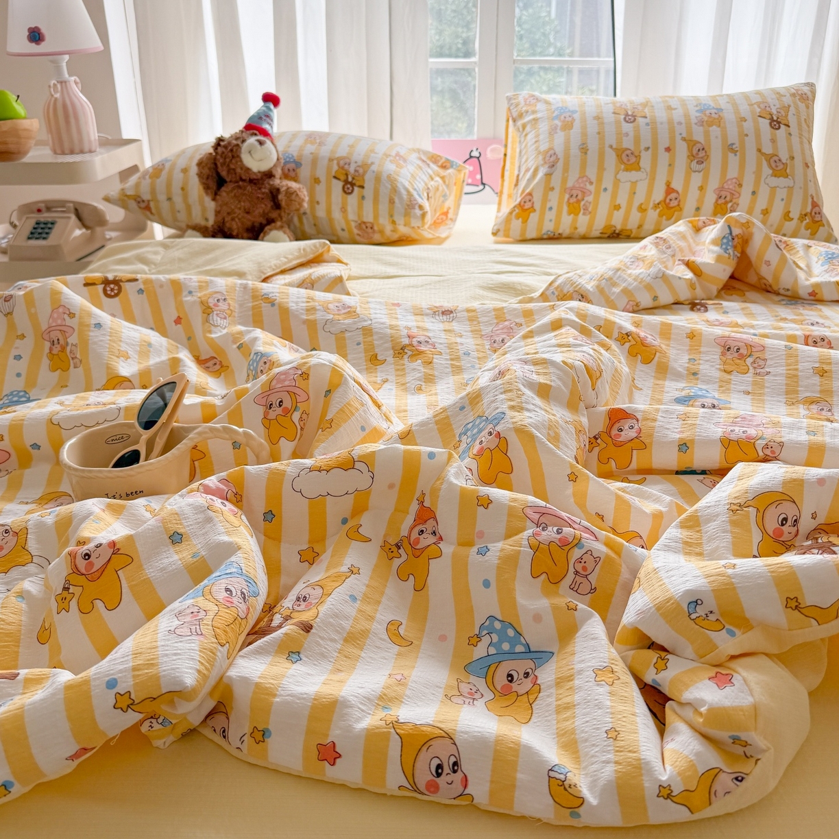 91家纺网 家纺一手货源 找家纺 温眠家纺 2026新款针织泡芙双层纱夏被四件套 魔法精灵