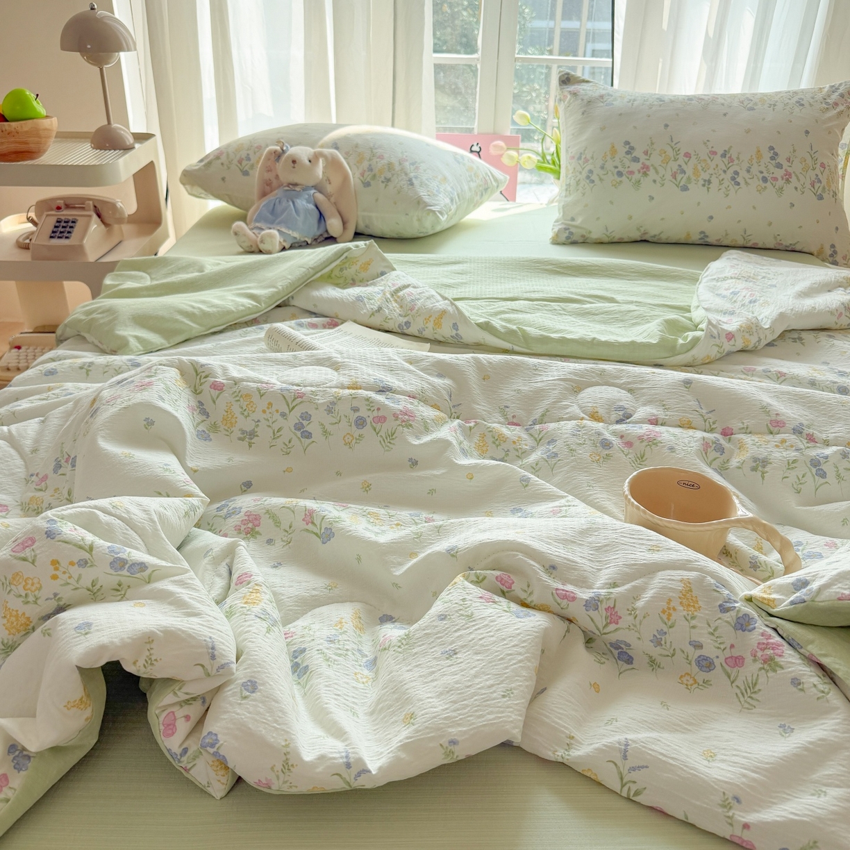 91家纺网 家纺一手货源 找家纺 温眠家纺 2026新款针织泡芙双层纱夏被四件套 小森系