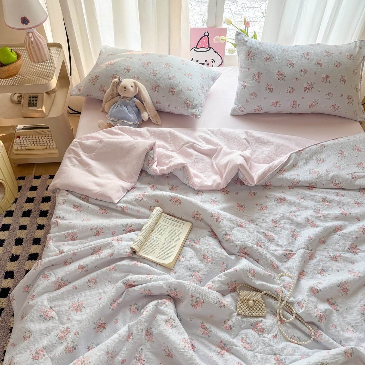 91家纺网 家纺一手货源 找家纺 温眠家纺 2026新款针织泡芙双层纱夏被四件套 青野玫瑰