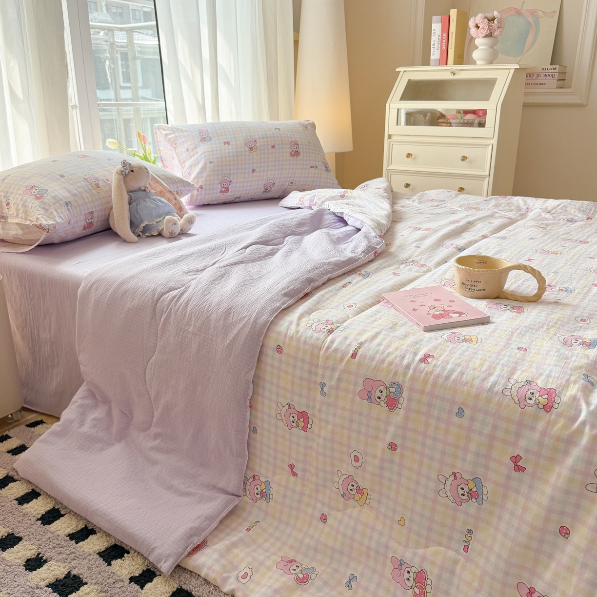 91家纺网 家纺一手货源 找家纺 温眠家纺 2026新款针织泡芙双层纱夏被四件套 甜梦格