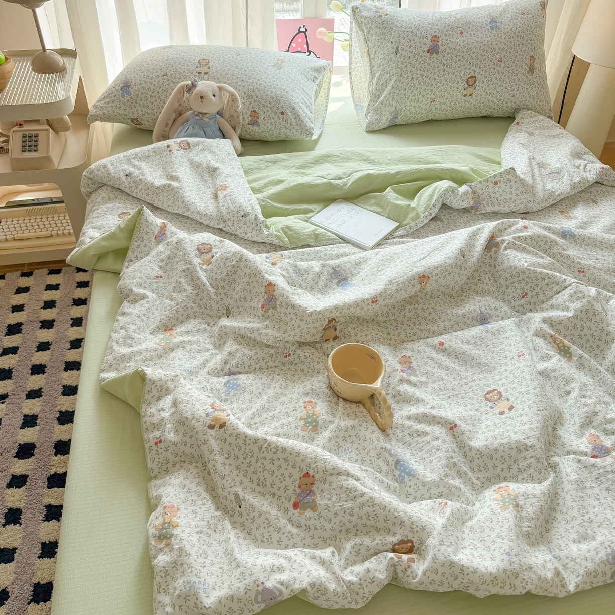 91家纺网 家纺一手货源 找家纺 温眠家纺 2026新款针织泡芙双层纱夏被四件套 森语萌宠