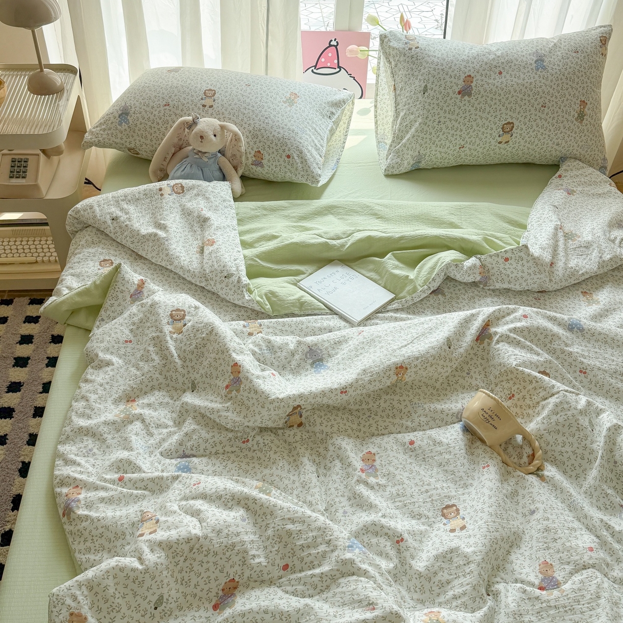 91家纺网 家纺一手货源 找家纺 温眠家纺 2026新款针织泡芙双层纱夏被四件套 森语萌宠