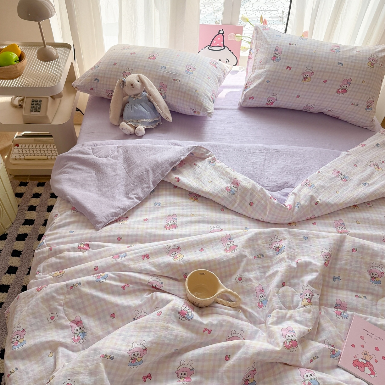 91家纺网 家纺一手货源 找家纺 温眠家纺 2026新款针织泡芙双层纱夏被四件套 甜梦格