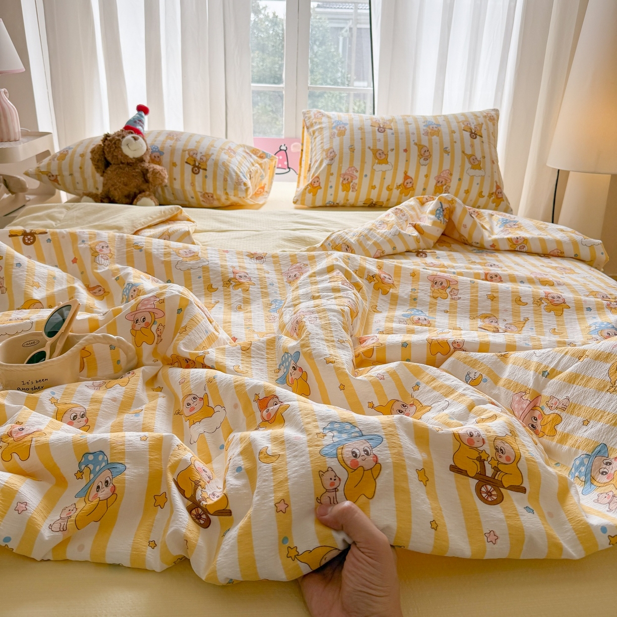 91家纺网 家纺一手货源 找家纺 温眠家纺 2026新款针织泡芙双层纱夏被四件套 魔法精灵