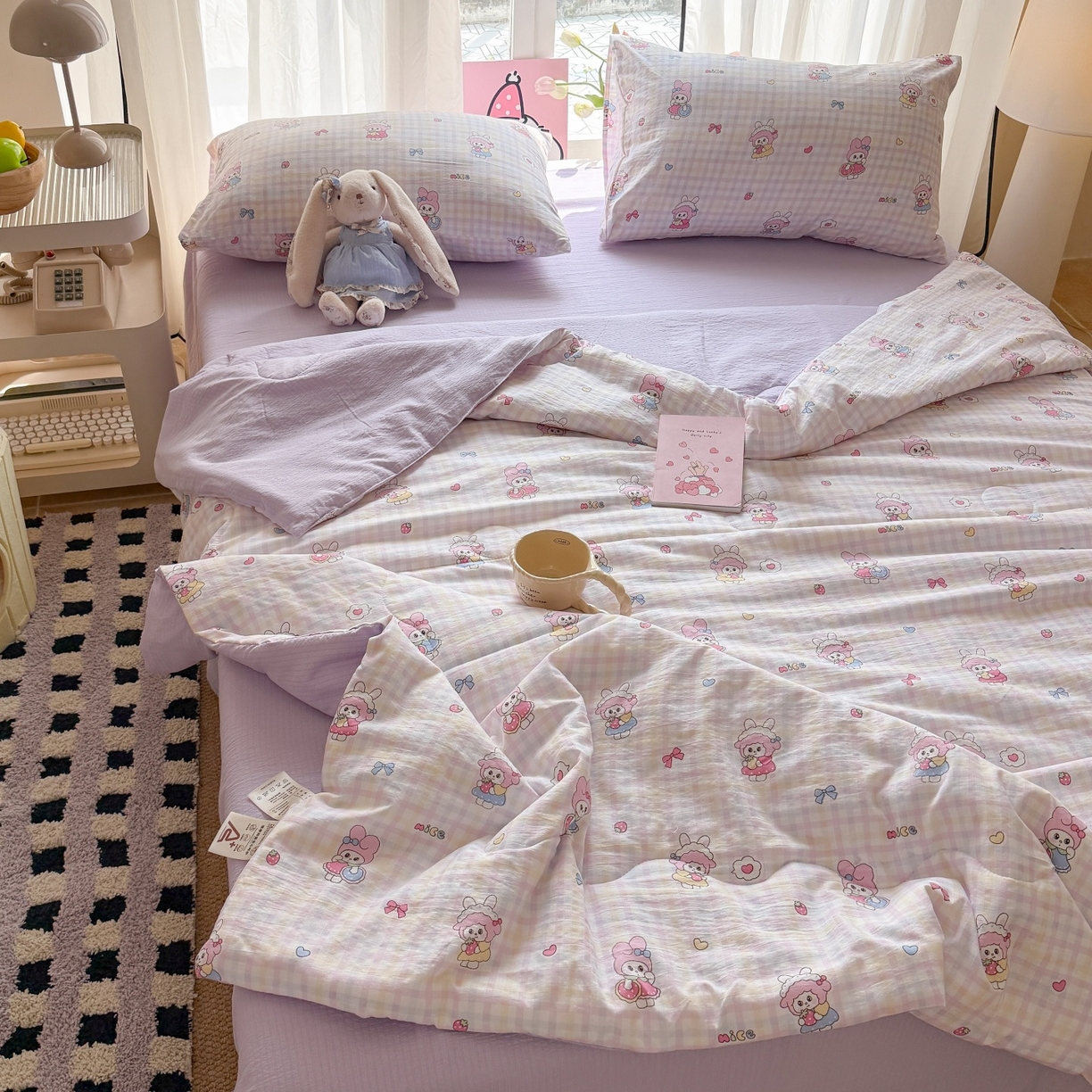 91家纺网 家纺一手货源 找家纺 温眠家纺 2026新款针织泡芙双层纱夏被四件套 甜梦格