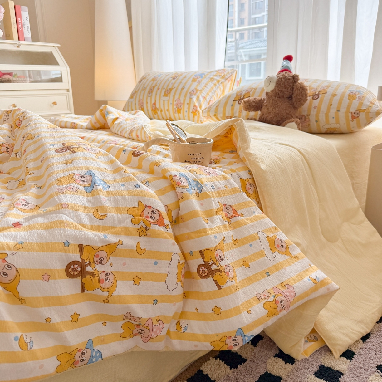 91家纺网 家纺一手货源 找家纺 温眠家纺 2026新款针织泡芙双层纱夏被四件套 魔法精灵