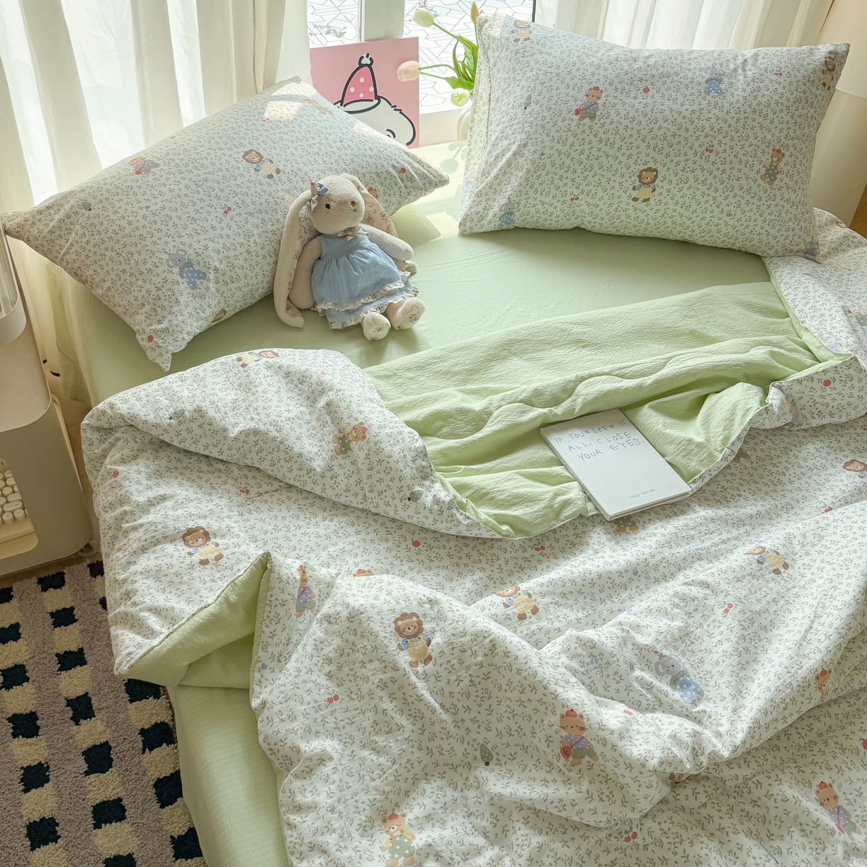 91家纺网 家纺一手货源 找家纺 温眠家纺 2026新款针织泡芙双层纱夏被四件套 森语萌宠