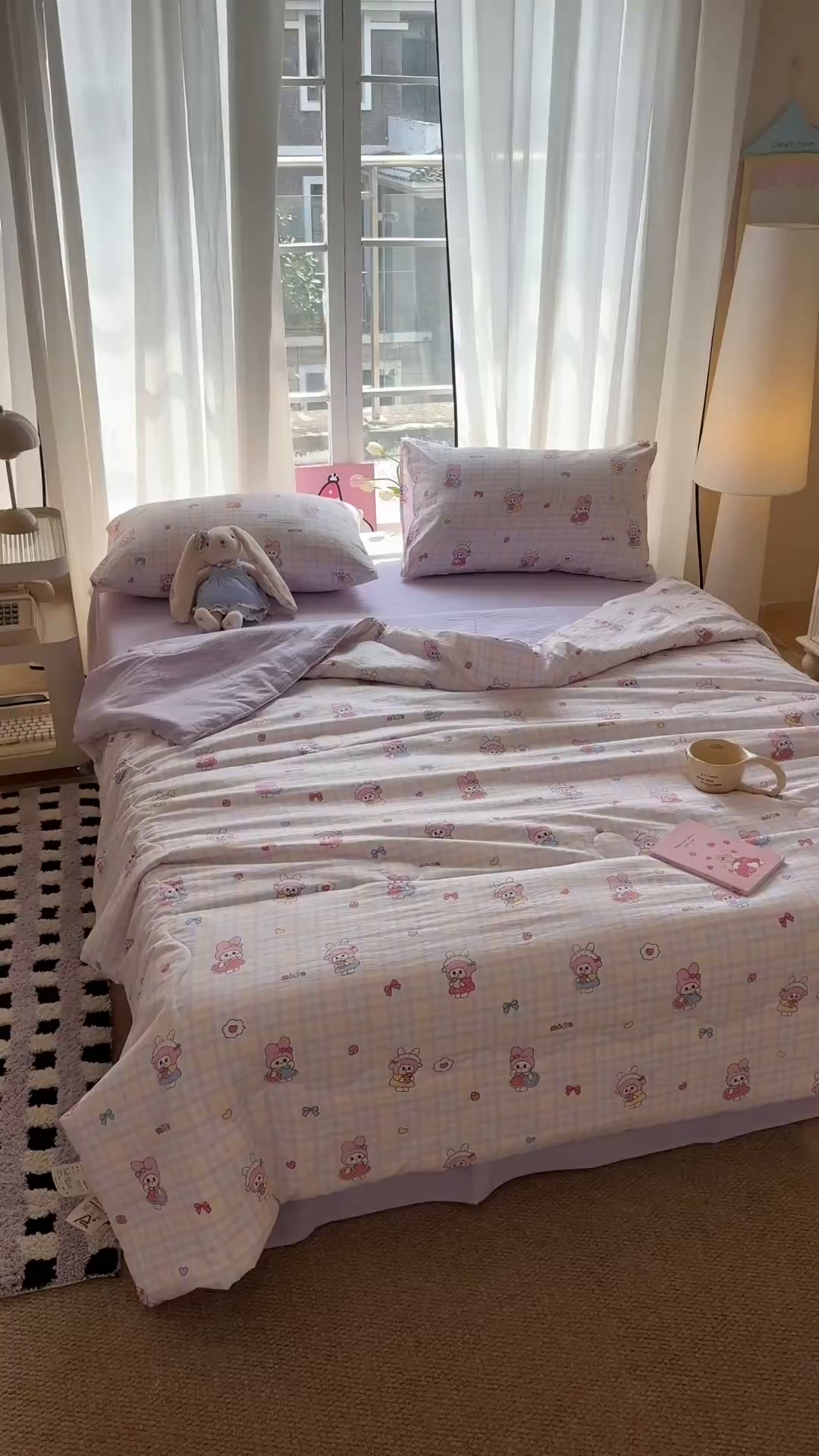 91家纺网 家纺一手货源 找家纺 温眠家纺 2026新款针织泡芙双层纱夏被四件套 甜梦格