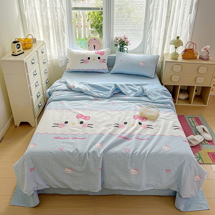 91家纺网 家纺一手货源 找家纺 小桃姐家纺 2026新款泡芙棉双层纱夏被空调被四件套小清新泡泡纱夏被卡通夏凉被空调被 蓝格Kitty