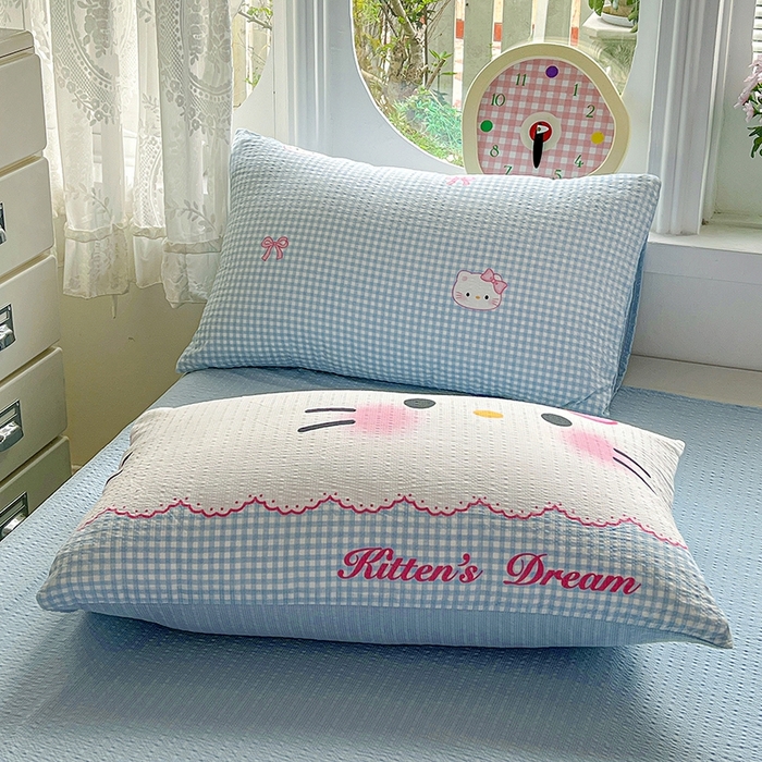91家纺网 家纺一手货源 找家纺 小桃姐家纺 2026新款泡芙棉双层纱夏被空调被四件套小清新泡泡纱夏被卡通夏凉被空调被 蓝格Kitty