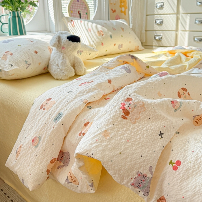 91家纺网 家纺一手货源 找家纺 小桃姐家纺 2026新款泡芙棉双层纱夏被空调被四件套小清新泡泡纱夏被卡通夏凉被空调被 蛋糕狗