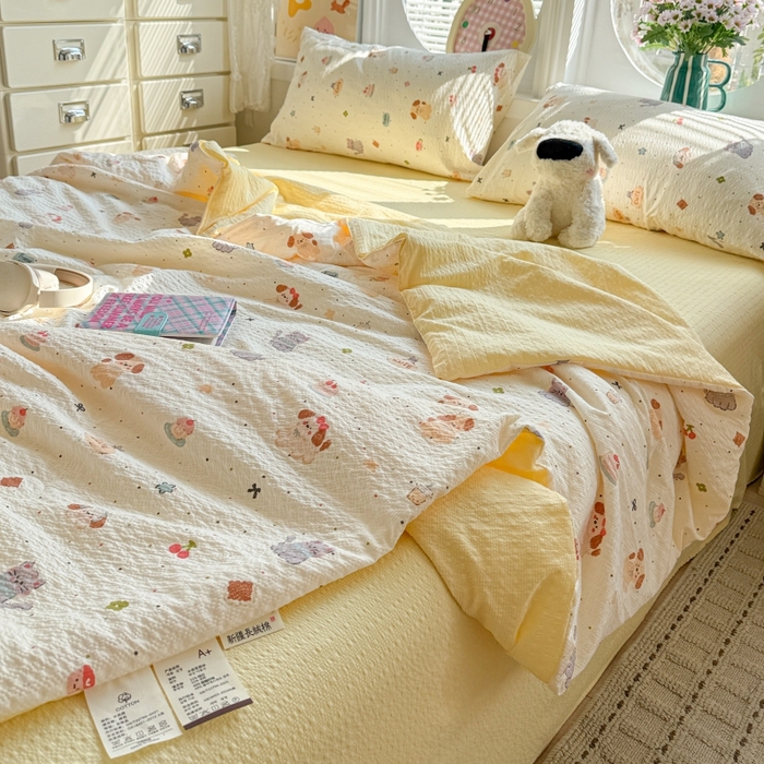 91家纺网 家纺一手货源 找家纺 小桃姐家纺 2026新款泡芙棉双层纱夏被空调被四件套小清新泡泡纱夏被卡通夏凉被空调被 蛋糕狗