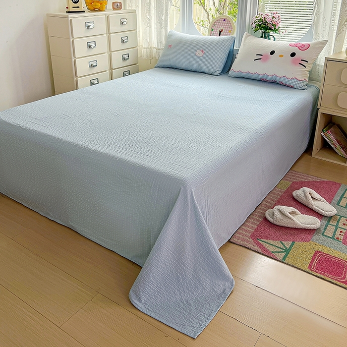 91家纺网 家纺一手货源 找家纺 小桃姐家纺 2026新款泡芙棉双层纱夏被空调被四件套小清新泡泡纱夏被卡通夏凉被空调被 蓝格Kitty