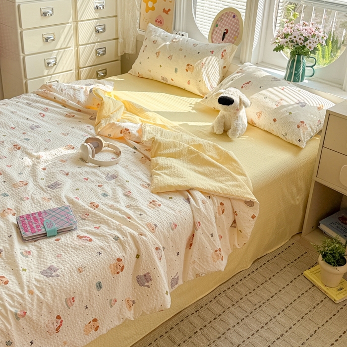 91家纺网 家纺一手货源 找家纺 小桃姐家纺 2026新款泡芙棉双层纱夏被空调被四件套小清新泡泡纱夏被卡通夏凉被空调被 蛋糕狗