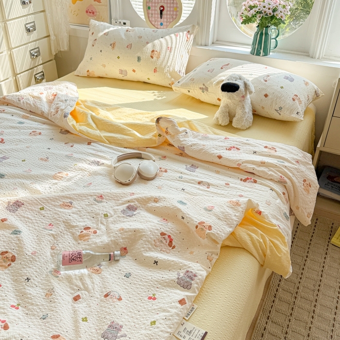 91家纺网 家纺一手货源 找家纺 小桃姐家纺 2026新款泡芙棉双层纱夏被空调被四件套小清新泡泡纱夏被卡通夏凉被空调被 蛋糕狗