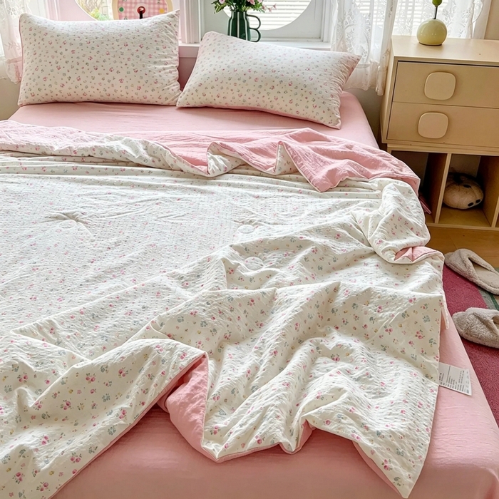 91家纺网 家纺一手货源 找家纺 小桃姐家纺 2026新款泡芙棉双层纱夏被空调被四件套小清新泡泡纱夏被卡通夏凉被空调被 花町