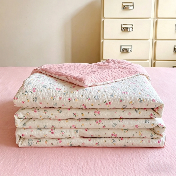 91家纺网 家纺一手货源 找家纺 小桃姐家纺 2026新款泡芙棉双层纱夏被空调被四件套小清新泡泡纱夏被卡通夏凉被空调被 花町