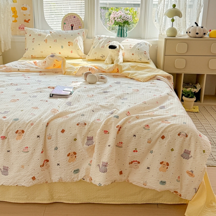 91家纺网 家纺一手货源 找家纺 小桃姐家纺 2026新款泡芙棉双层纱夏被空调被四件套小清新泡泡纱夏被卡通夏凉被空调被 蛋糕狗