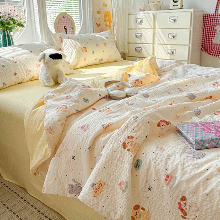 91家纺网 家纺一手货源 找家纺 小桃姐家纺 2026新款泡芙棉双层纱夏被空调被四件套小清新泡泡纱夏被卡通夏凉被空调被 蛋糕狗