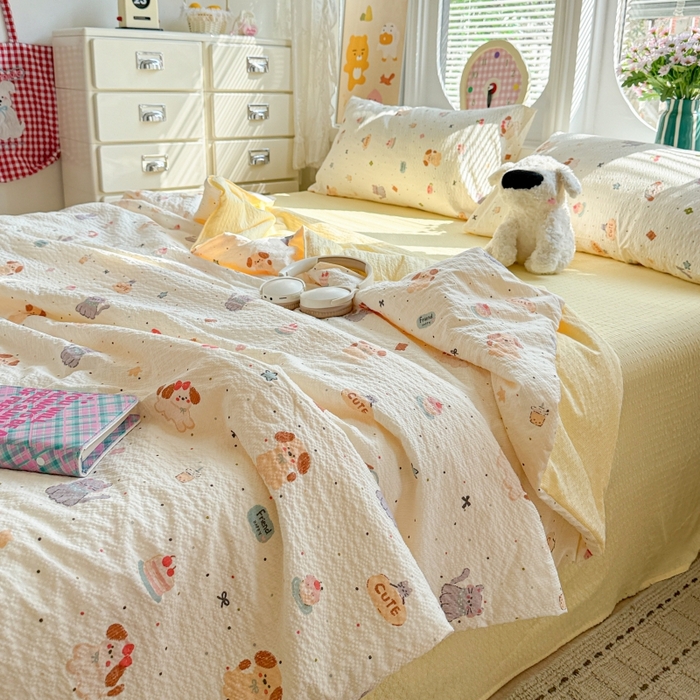 91家纺网 家纺一手货源 找家纺 小桃姐家纺 2026新款泡芙棉双层纱夏被空调被四件套小清新泡泡纱夏被卡通夏凉被空调被 蛋糕狗