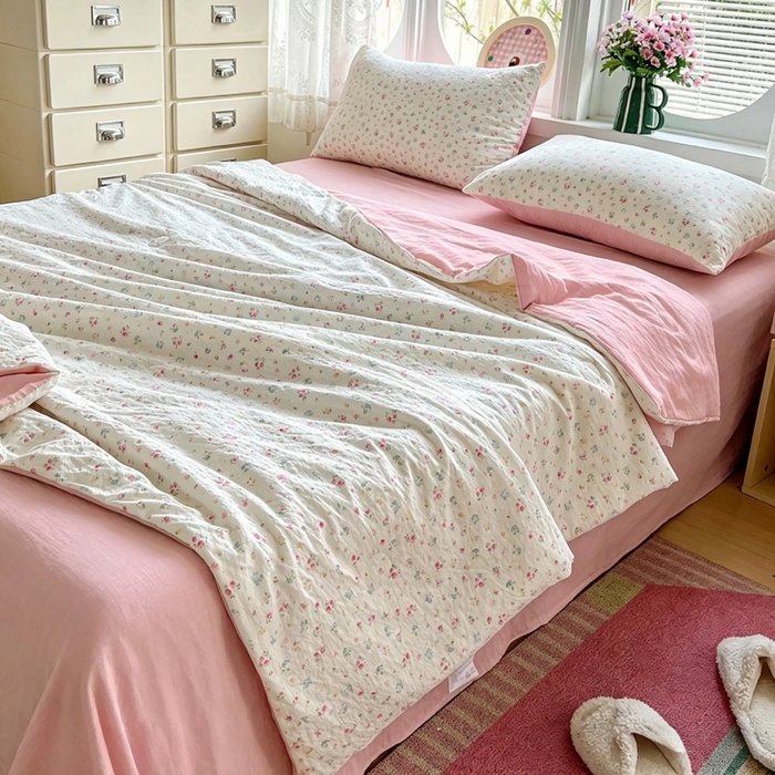 91家纺网 家纺一手货源 找家纺 小桃姐家纺 2026新款泡芙棉双层纱夏被空调被四件套小清新泡泡纱夏被卡通夏凉被空调被 花町