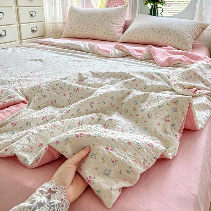 91家纺网 家纺一手货源 找家纺 小桃姐家纺 2026新款泡芙棉双层纱夏被空调被四件套小清新泡泡纱夏被卡通夏凉被空调被 花町