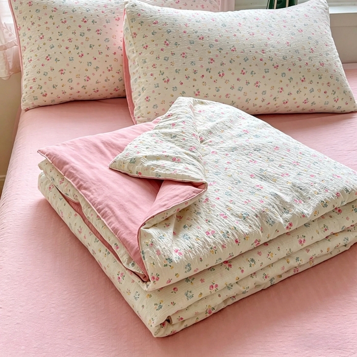 91家纺网 家纺一手货源 找家纺 小桃姐家纺 2026新款泡芙棉双层纱夏被空调被四件套小清新泡泡纱夏被卡通夏凉被空调被 花町