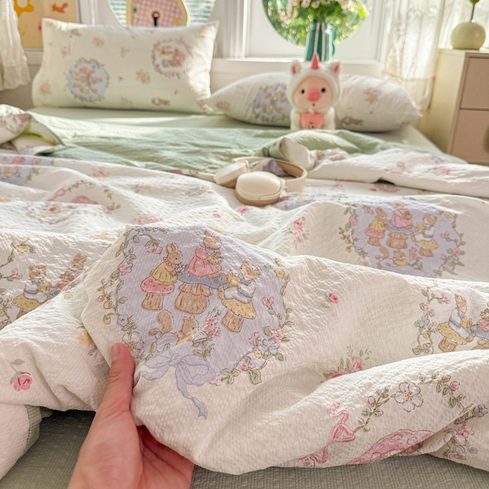 91家纺网 家纺一手货源 找家纺 小桃姐家纺 2026新款泡芙棉双层纱夏被空调被四件套小清新泡泡纱夏被卡通夏凉被空调被 童话