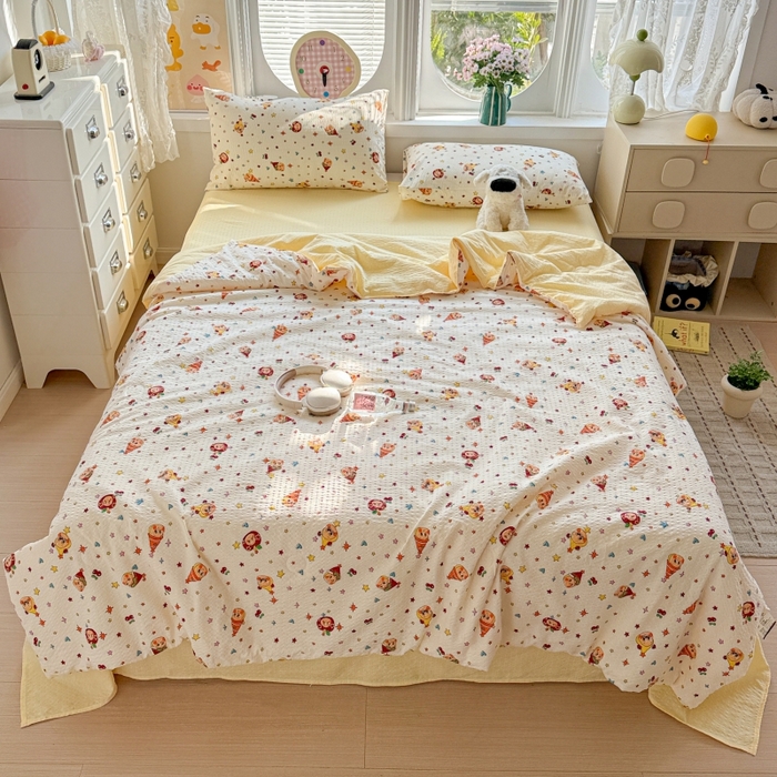 91家纺网 家纺一手货源 找家纺 小桃姐家纺 2026新款泡芙棉双层纱夏被空调被四件套小清新泡泡纱夏被卡通夏凉被空调被 苹果星星