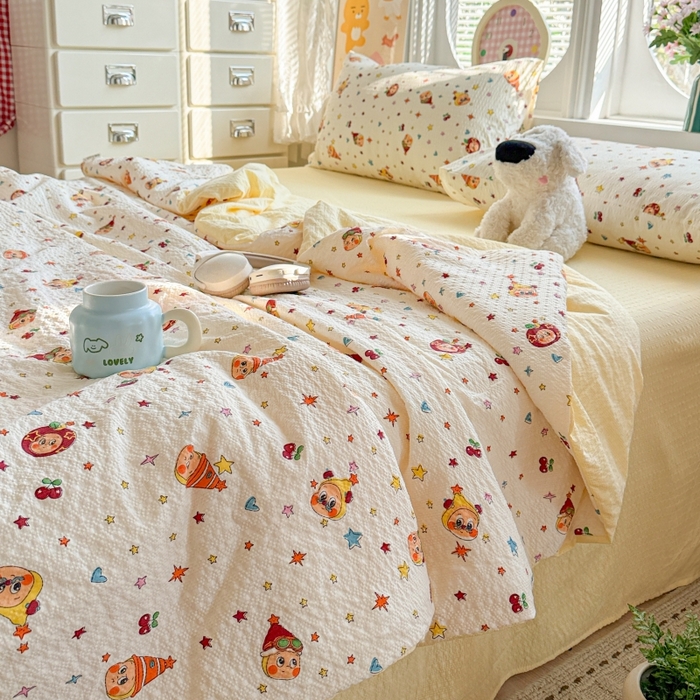 91家纺网 家纺一手货源 找家纺 小桃姐家纺 2026新款泡芙棉双层纱夏被空调被四件套小清新泡泡纱夏被卡通夏凉被空调被 苹果星星