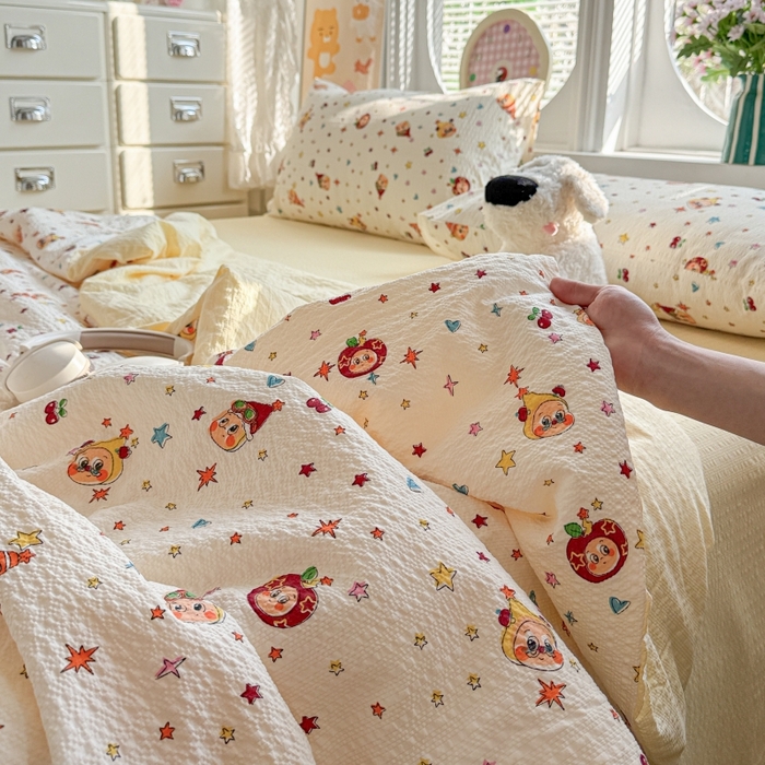 91家纺网 家纺一手货源 找家纺 小桃姐家纺 2026新款泡芙棉双层纱夏被空调被四件套小清新泡泡纱夏被卡通夏凉被空调被 苹果星星