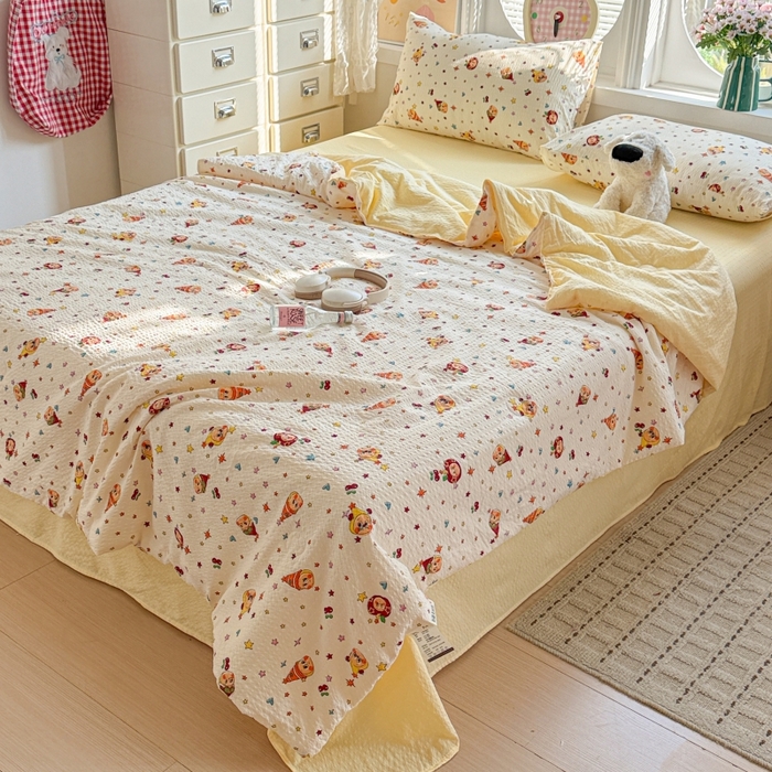 91家纺网 家纺一手货源 找家纺 小桃姐家纺 2026新款泡芙棉双层纱夏被空调被四件套小清新泡泡纱夏被卡通夏凉被空调被 苹果星星