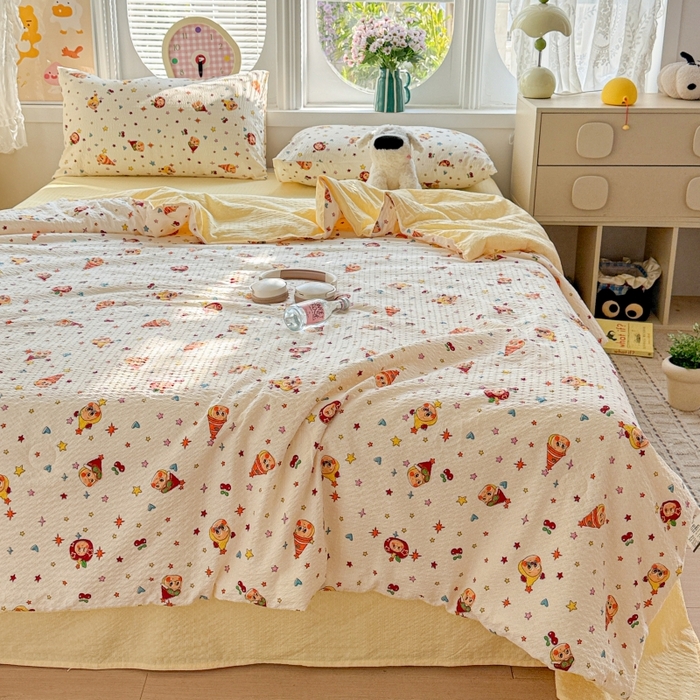 91家纺网 家纺一手货源 找家纺 小桃姐家纺 2026新款泡芙棉双层纱夏被空调被四件套小清新泡泡纱夏被卡通夏凉被空调被 苹果星星