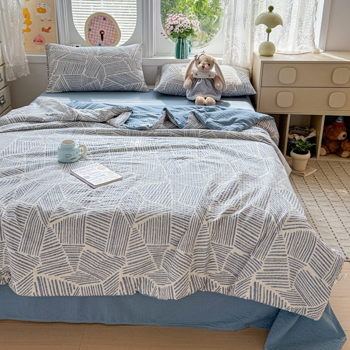 91家纺网 家纺一手货源 找家纺 小桃姐家纺 2026新款泡芙棉双层纱夏被空调被四件套小清新泡泡纱夏被卡通夏凉被空调被 蓝条纹