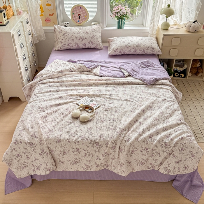 91家纺网 家纺一手货源 找家纺 小桃姐家纺 2026新款泡芙棉双层纱夏被空调被四件套小清新泡泡纱夏被卡通夏凉被空调被 紫韵