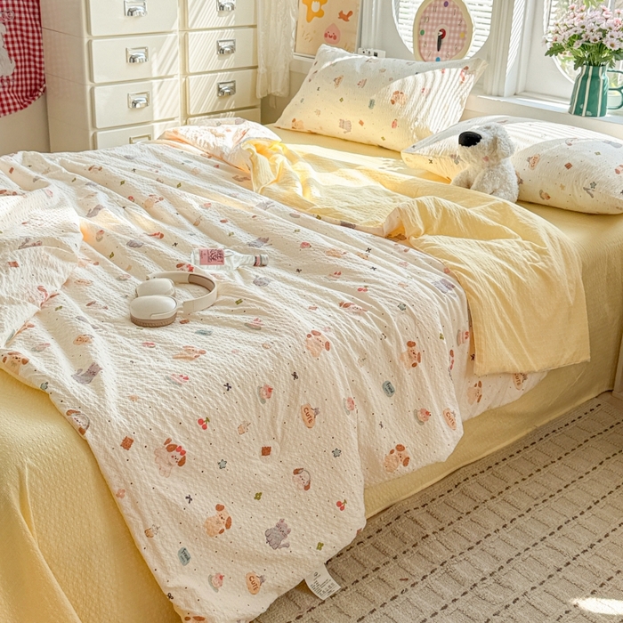 91家纺网 家纺一手货源 找家纺 小桃姐家纺 2026新款泡芙棉双层纱夏被空调被四件套小清新泡泡纱夏被卡通夏凉被空调被 蛋糕狗