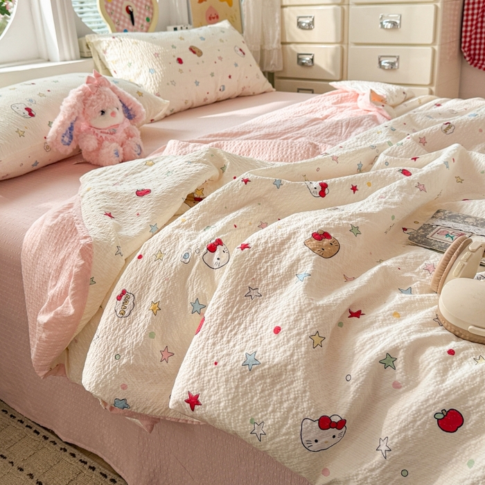 91家纺网 家纺一手货源 找家纺 小桃姐家纺 2026新款泡芙棉双层纱夏被空调被四件套小清新泡泡纱夏被卡通夏凉被空调被 幸运kitty
