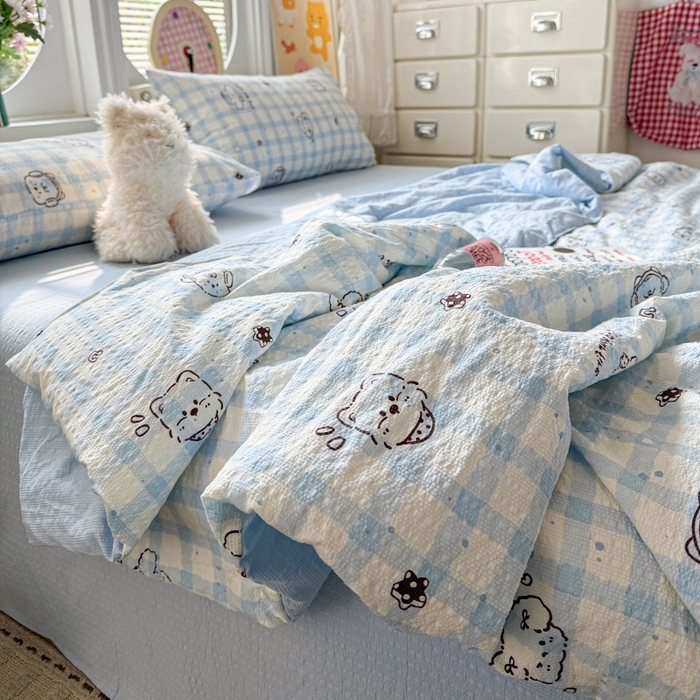 91家纺网 家纺一手货源 找家纺 小桃姐家纺 2026新款泡芙棉双层纱夏被空调被四件套小清新泡泡纱夏被卡通夏凉被空调被 修狗狗