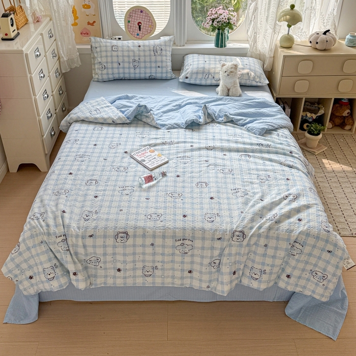 91家纺网 家纺一手货源 找家纺 小桃姐家纺 2026新款泡芙棉双层纱夏被空调被四件套小清新泡泡纱夏被卡通夏凉被空调被 修狗狗