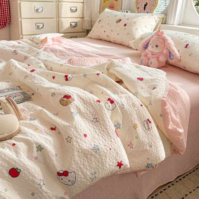 91家纺网 家纺一手货源 找家纺 小桃姐家纺 2026新款泡芙棉双层纱夏被空调被四件套小清新泡泡纱夏被卡通夏凉被空调被 幸运kitty