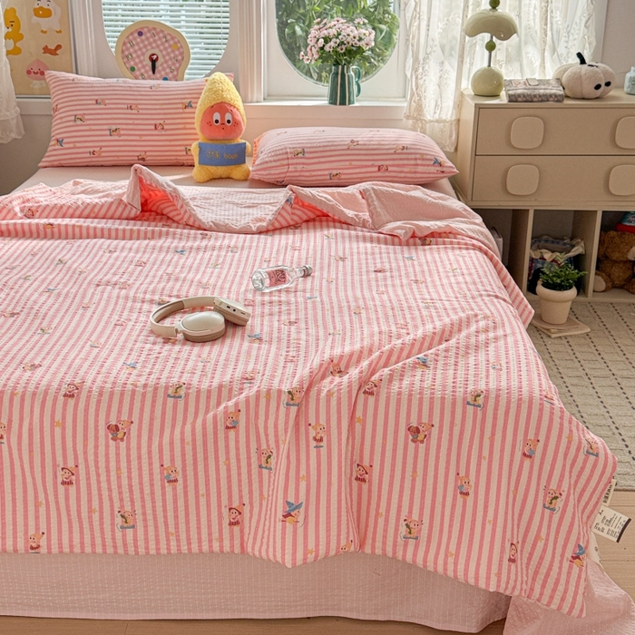 91家纺网 家纺一手货源 找家纺 小桃姐家纺 2026新款泡芙棉双层纱夏被空调被四件套小清新泡泡纱夏被卡通夏凉被空调被 粉色星星